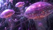 Digital art of glowing jellyfish-like creatures floating in a cosmic, neon-lit space with ethereal ambiance.
