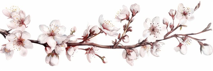 Watercolor illustration of a branch of a blossoming cherry Sakura on a white background, spring flowers