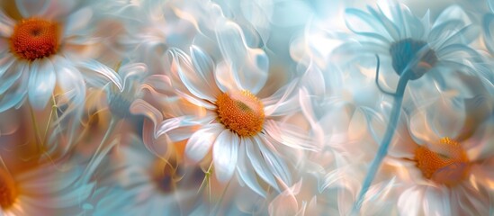 Wall Mural - Beautiful white daisies with vibrant orange centers on a sunny day in a lush garden