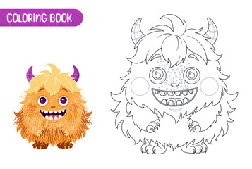 Coloring book for kids. Worksheet for drawing with cartoon monster. Cute magical creature. Coloring page with funny yeti for preschool and school children. Vector illustration on white background.