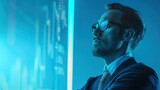 Analityk w garniturze i okularach skupia swój wzrok w oddali, wyrażając pewność siebie i determinację.