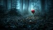  a red and white lollipop sitting on top of a wooden pole in the middle of a dark forest.