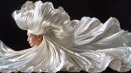 Poster -  a sculpture of a woman's head with a flowing white dress on top of her head and a black background.