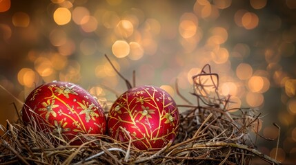 Poster -  a couple of red eggs sitting on top of a pile of hay on top of a pile of dry grass.