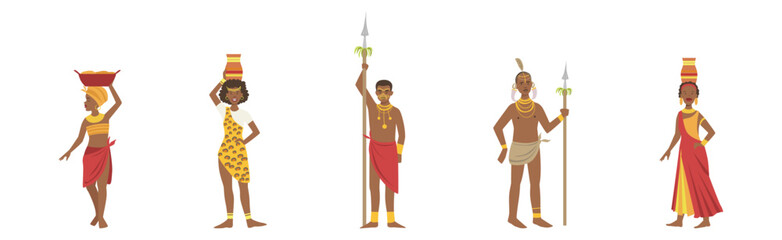 Canvas Print - African People Character Standing Aboriginal in Traditional Tribal Clothing Vector Set