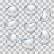 Set of water drops, realistic droplets of liquid on a transparency background.