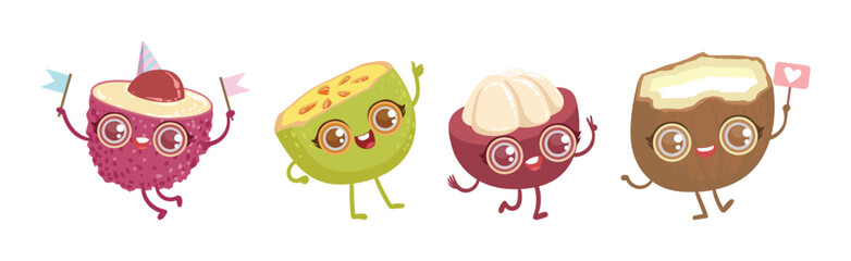 Sticker - Funny Fruit Character with Big Eyes and Happy Faces Vector Set