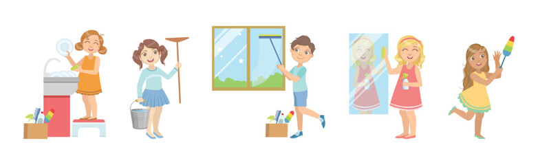 Poster - Kid Character Doing Housework and Helping with Chores Vector Set