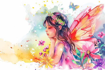 Wall Mural - Beautiful young Fairy and flowers with butterfly watercolor oil painting illustration