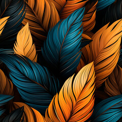 Seamless pattern with colorful feathers on black background