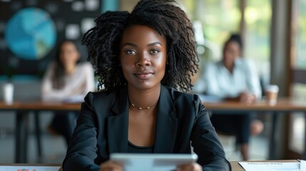 confident businesswoman with tablet in a professional group meeting.