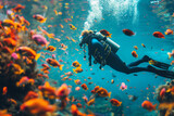 Fototapeta Do akwarium - A female scuba diver swims underwater among many exotic fish