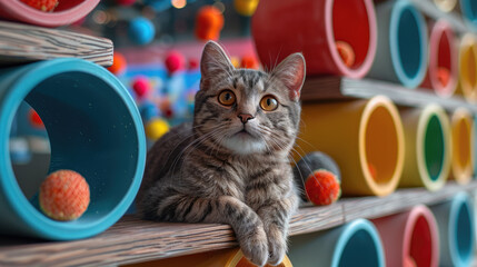 Generative AI, cats interactive play zone with toys, pets hotel concept