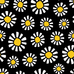 Wall Mural - Small abstract white flowers isolated on a black background. Cute floral seamless pattern. Vector simple flat graphic hand drawn illustration. Texture.