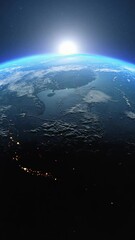 Wall Mural - Vertical 3d earth planet sunrise in starry space.