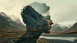 Double exposure combines a man's face and high snow-capped mountains. Panoramic view. The concept of the unity of nature and man. Dream, reminisce or plan a climb. Memory of a mountaineer.