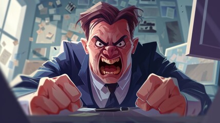 Wall Mural - Angry businessman with a laptop in the office