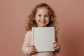 Child is holding a mockup of a white book