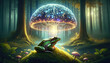 A frog sitting beneath a giant mushroom with a brain-like pattern glowing with futuristic circuits in an enchanted forest, AI-generated.