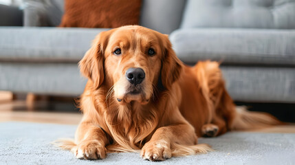 Wall Mural - Relaxed cute Golden retriever dog is indoors in the domestic room lying down on the floor