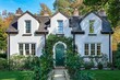 A charming white cottage house with contrasting black trim and a beautiful arched green door. Surrounded by a lush garden and mature trees with autumn foliage.