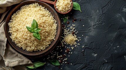 Canvas Print - Top view, quinoa seeds on a bowl, healthy food concept. Copy space.