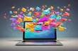 Emails: multicolored envelopes fly from the laptop screen to the cloud, sending an email, the concept of using cloud services