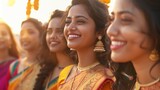 Fototapeta  - Na obrazie widać grupę kobiet stojących obok siebie. Kobiety ubrane są w sarisy i uśmiechają się.