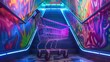 Wózek sklepowy stoi w jasno oświetlonym tunelu ze schodami, otoczony neonowymi światłami. Scena przedstawia codzienną aktywność zakupową w nietypowej przestrzeni.