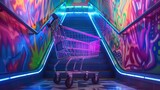 Fototapeta  - Wózek sklepowy stoi w jasno oświetlonym tunelu ze schodami, otoczony neonowymi światłami. Scena przedstawia codzienną aktywność zakupową w nietypowej przestrzeni.