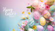 Pastel-colored Easter eggs adorned with flowers and petals create a festive Easter greeting against a blue to pink gradient