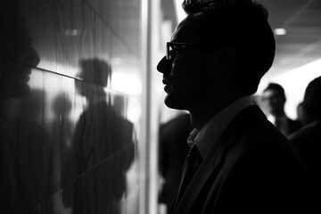 Poster - A man in a suit is standing in front of a wall with his back to the camera. He is wearing glasses and a tie. The image has a dark and moody atmosphere, with the man's silhouette