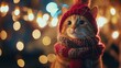 Kot, ubrany w czerwony kapelusz i szalik, stojący na standardowej skali, prezentuje się festynie i uroczo.