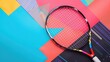 Na zdjęciu widać bliskie ujęcie rakiety tenisowej umieszczonej na barwnym tle wykonanym z geometrycznych wzorów.