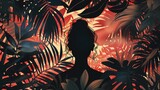 Fototapeta Do pokoju - W ciemnościach widać wyraźnie sylwetkę kobiety, która jest otoczona bujną roślinnością tropikalną, tworząc kontrast na tle liści.
