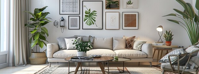 Wall Mural - Mockup of an elegant Nordic living room with sofa and paintings, cinema lighting