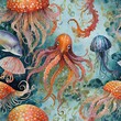 Kolorowa ilustracja z ośmiornicami i meduzami. Podwodne życie, tło, tapeta
