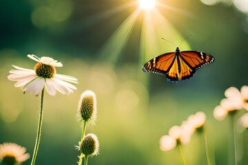 butterfly on a flower, blurred background, macro photography created with generative ai technology