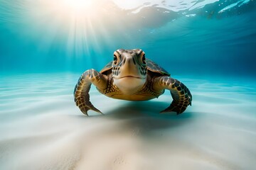 Wall Mural - underwater photo of a turtle swimming in tropical sea water, underwater landscape, marine wildlife created with generative ai technology