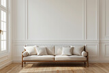 Fototapeta  - A white couch is positioned in a living room, situated next to a window. Monochrome interior for mockup, wall art. Promotion background with copyspace.