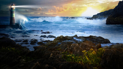 storm over the sea with lighthouse and beacon - stormy sea weather with waves over cliffs and sunset