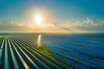 Wall Mural - A solar panel is shown in a field with the sun shining on it. Concept of energy and sustainability, as solar panels are a renewable source of power. The bright sunlight highlights the panels