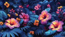 Neon Jungle Florals, Neon Colors, Jungle Theme, Vibrant Floral Ecosystem Vector Illustration Background