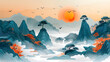 paper art, mountains, clouds, trees, Chinese ancient painting style, simple color, simple background, bright environment