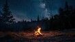 a small campfire flickering in front of the dark abyss of a pine forest, under a starry night sky.