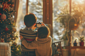 Wall Mural - A boy holding a camera and taking a photo of his family