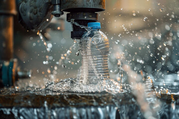 Poster - A close-up of a plastic bottle being crushed by a machine