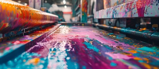 Poster - Vibrant and colorful painting displayed on a wooden table in a bright room