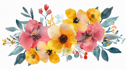 Wall Mural - Colorful and beautiful watercolor flowers, hand-drawn, featuring yellow, pink, and red blossom plants, perfect for cards, prints, and invitations. This set also includes a watercolor texture