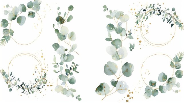 Luxurious botanical gold wedding frame elements on white background include circle shapes, glitters, eucalyptus leaves, and leaf branches. Suitable for weddings, cards, invitations, and greetings